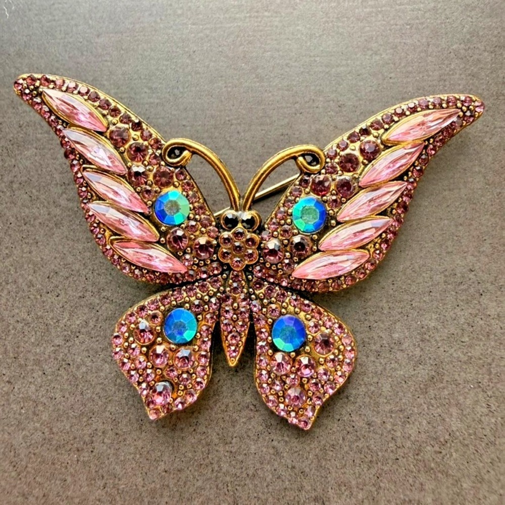 Pink Rhinestone Butterfly Brooch Gold Tone Iridescent Crystal Statement Pin